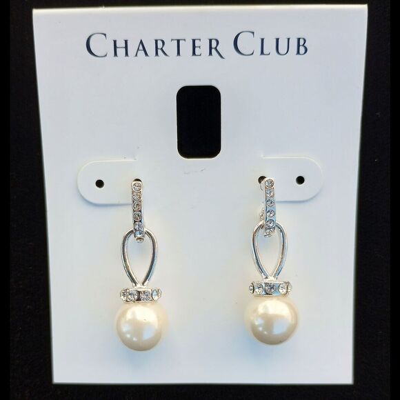 NWT $30 Charter Club Imitation Pearl Pave' Drop Earrings Crystal Teardrop - Picture 1 of 4